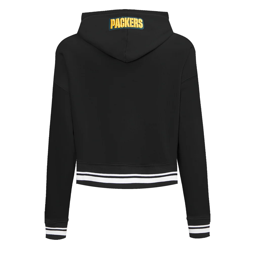 NFL GREEN BAY PACKERS SCRIPT TAIL WOMEN'S RIB FLC CROPPED PO HOODIE (BLACK) - Image 7