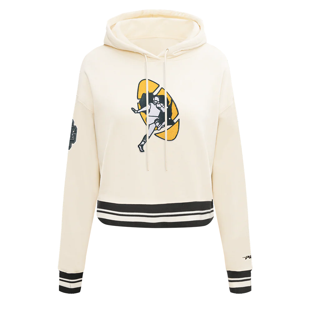 NFL GREEN BAY PACKERS RETRO CLASSIC WOMEN'S RIB CROPPED PO HOODIE (EGGSHELL/ BLACK)