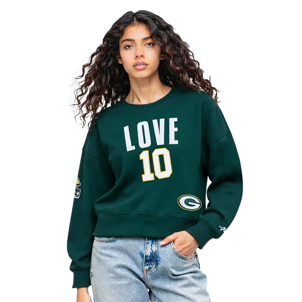 NFL GREEN BAY PACKERS JORDAN LOVE #10 CLASSIC PNN WOMEN'S FLC CREWNECK (FOREST GREEN)