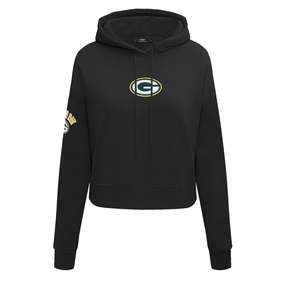 NFL GREEN BAY PACKERS CLASSIC WOMEN'S FLEECE CROPPED PULLOVER HOODIE (BLACK)