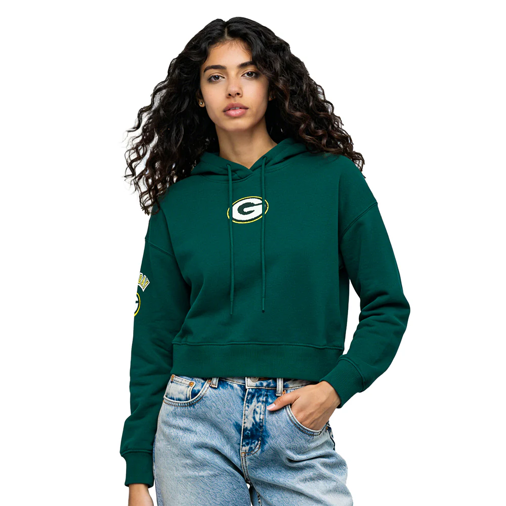 NFL GREEN BAY PACKERS CLASSIC FLEECE CROPPED PULLOVER HOODIE (FOREST)