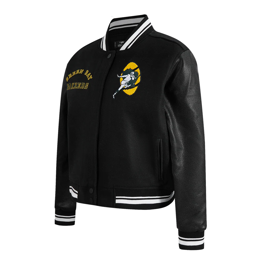 NFL GREEN BAY PACKERS RETRO CLASSIC WOMEN'S RIB WOOL VARSITY JACKET (BLACK) - Image 3