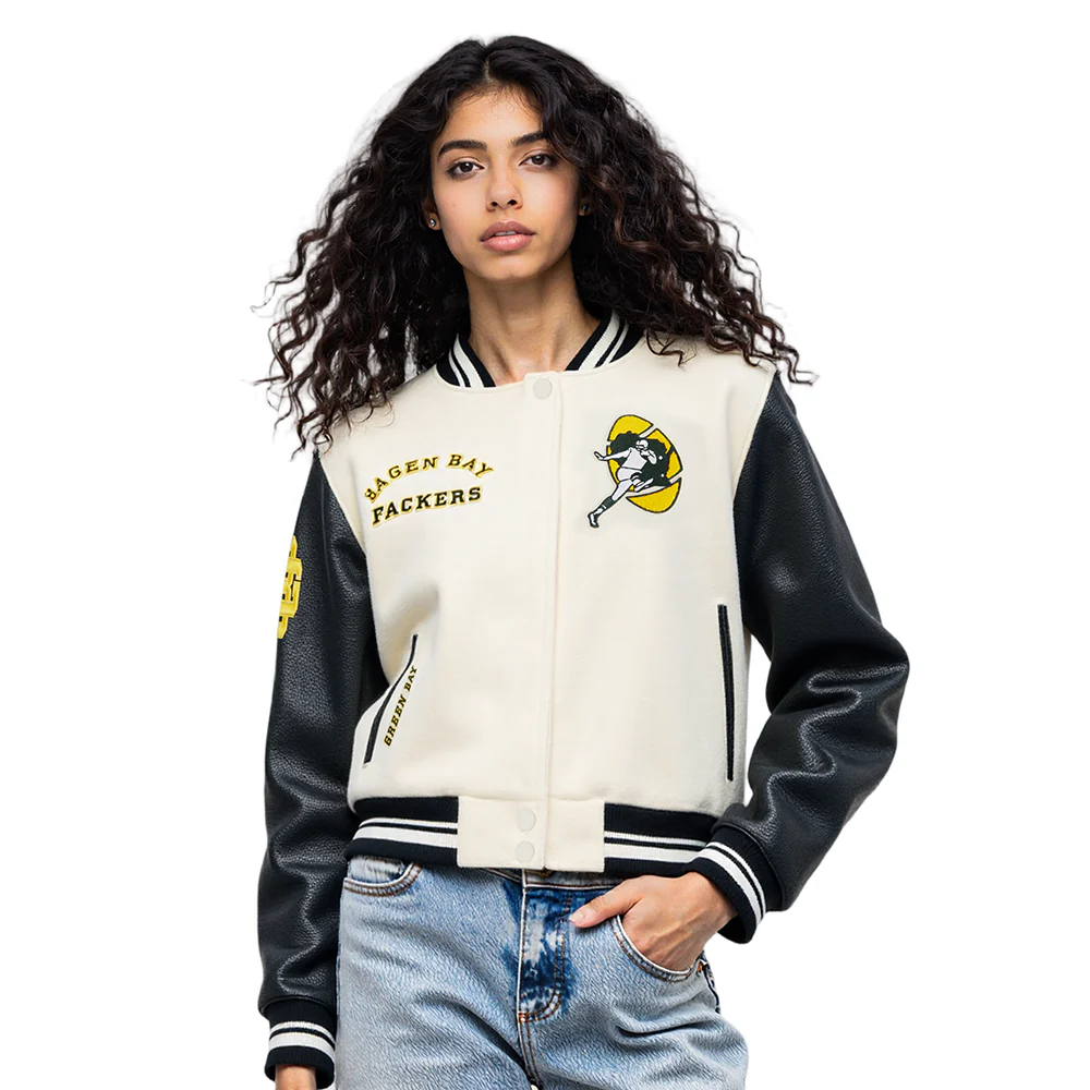 NFL GREEN BAY PACKERS RETRO CLASSIC WOMEN'S RIB WOOL VARSITY JACKET (EGGSHELL/ BLACK) - Image 10