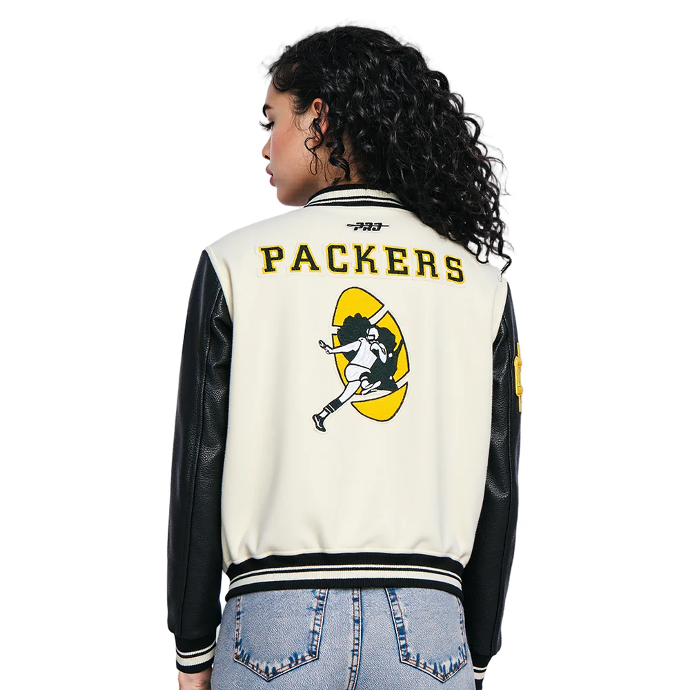 NFL GREEN BAY PACKERS RETRO CLASSIC WOMEN'S RIB WOOL VARSITY JACKET (EGGSHELL/ BLACK) - Image 2
