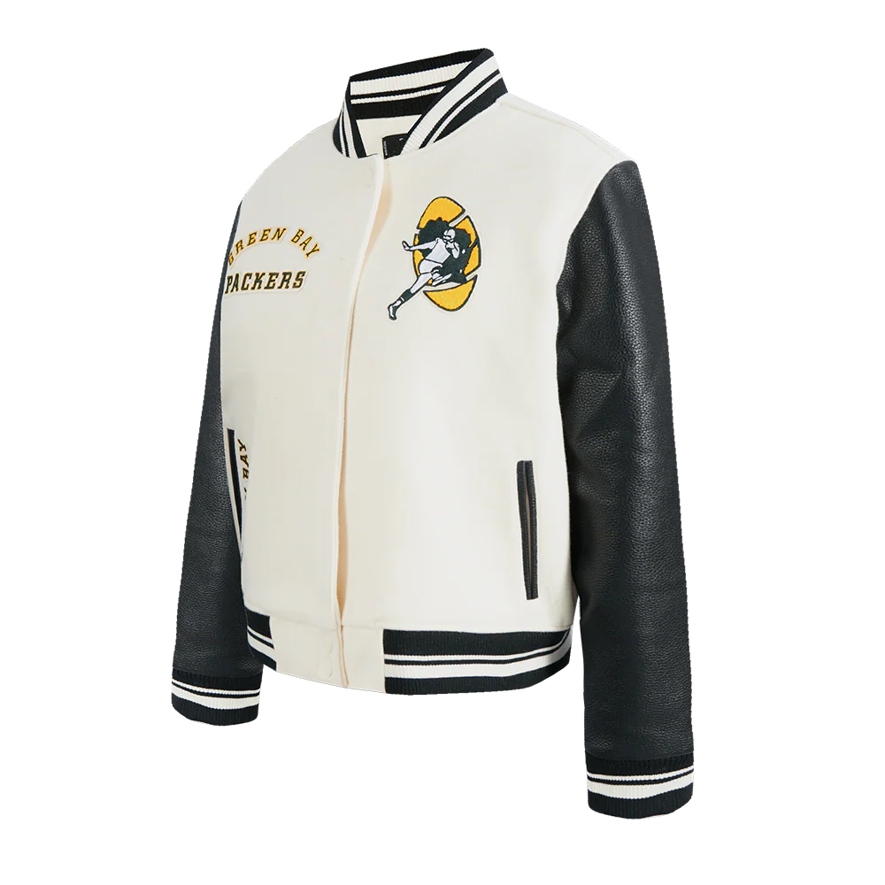 NFL GREEN BAY PACKERS RETRO CLASSIC WOMEN'S RIB WOOL VARSITY JACKET (EGGSHELL/ BLACK) - Image 3