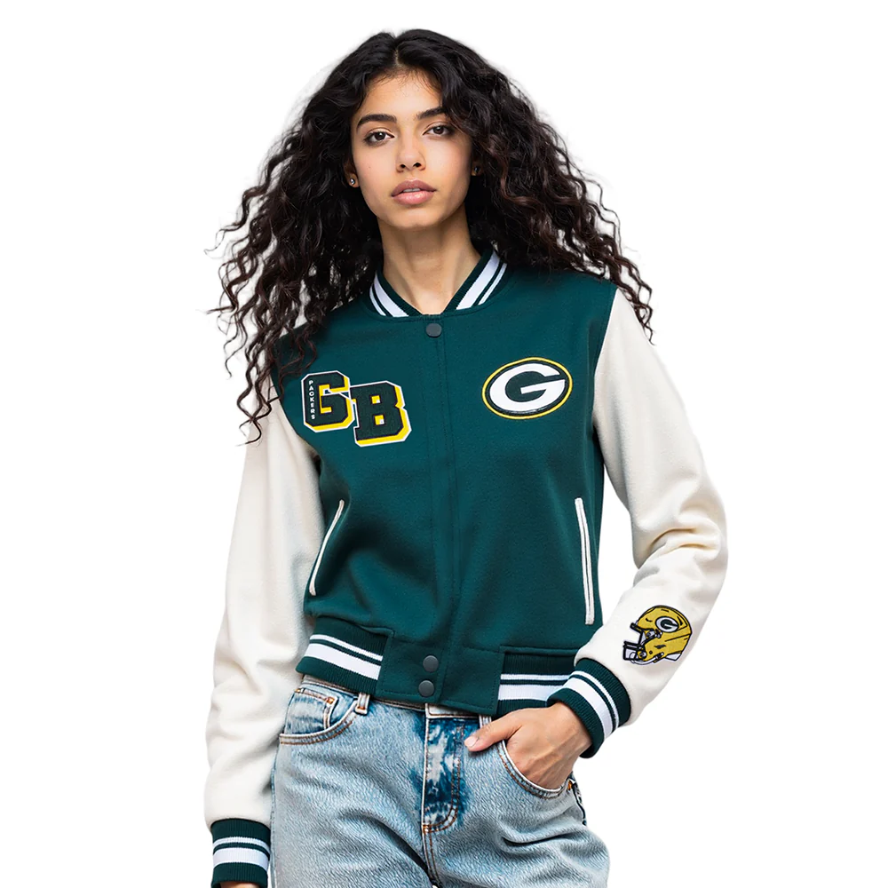 NFL GREEN BAY PACKERS MASHUP WOMEN'S RIB WOOL VARSITY JACKET (FOREST GREEN/WHITE) - Image 9
