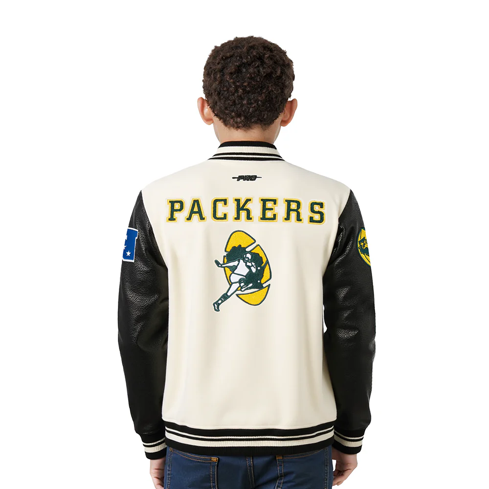 NFL GREEN BAY PACKERS RETRO CLASSIC LITTLE BOY'S RIB WOOL VARSITY JACKET (EGGSHELL/ BLACK) - Image 2