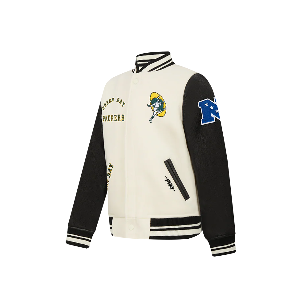 NFL GREEN BAY PACKERS RETRO CLASSIC LITTLE BOY'S RIB WOOL VARSITY JACKET (EGGSHELL/ BLACK) - Image 3
