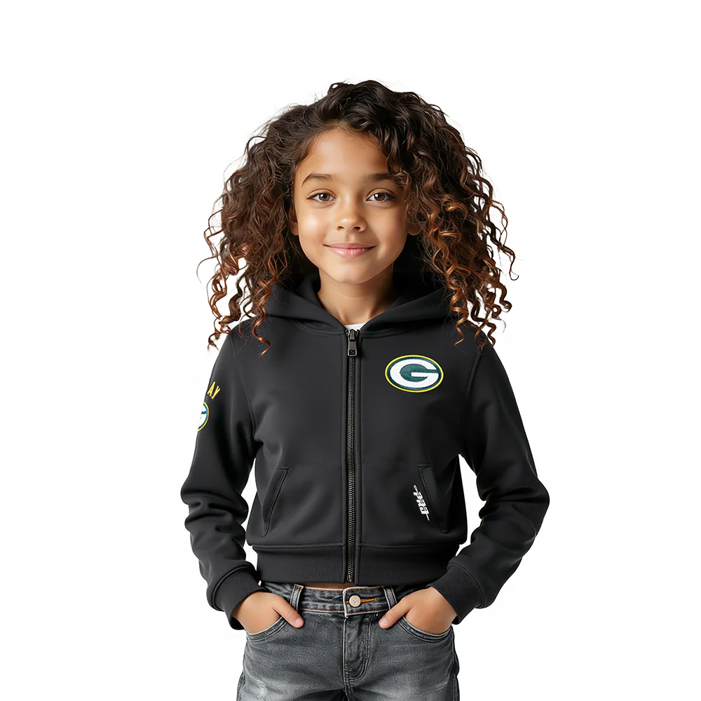 NFL GREEN BAY PACKERS CLASSIC LITTLE GIRLS  FLEECE FULL ZIP HOODIE (BLACK)