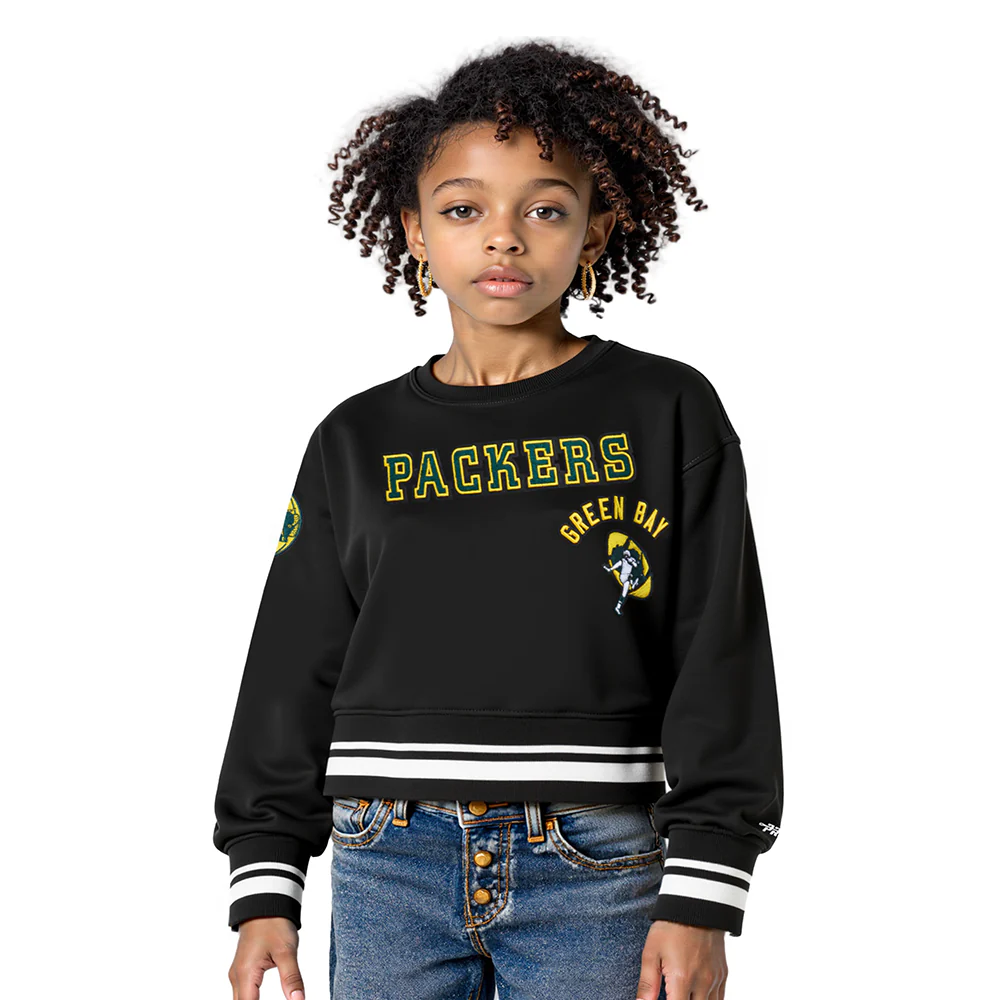 NFL GREEN BAY PACKERS RETRO CLASSIC LITTLE GIRLS RIB FLEECE CREWNECK (BLACK)