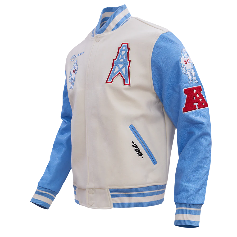 NFL HOUSTON OILERS RETRO CLASSIC MEN'S RIB WOOL VARSITY JACKET (EGGSHELL/ UNIVERSITY BLUE) - Image 2