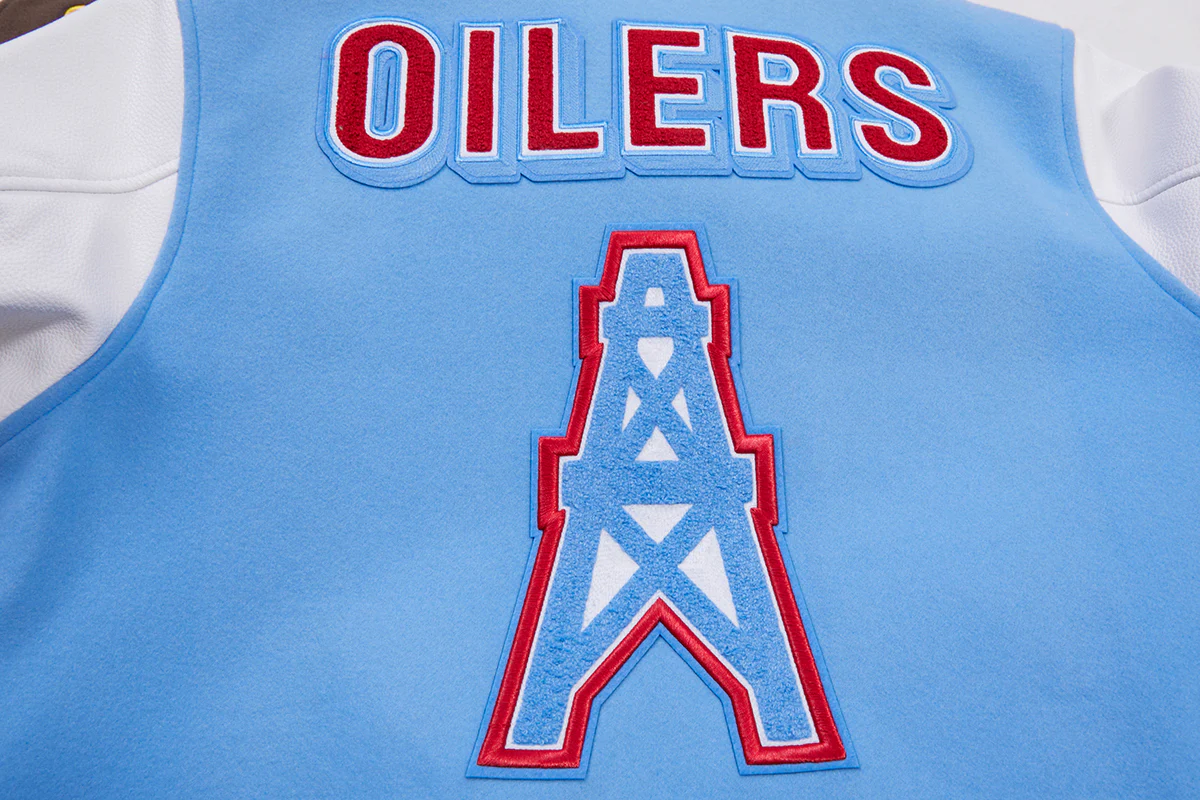 NFL HOUSTON OILERS RETRO CLASSIC MEN'S RIB WOOL VARSITY JACKET (UNIVERSITY BLUE/WHITE) - Image 10
