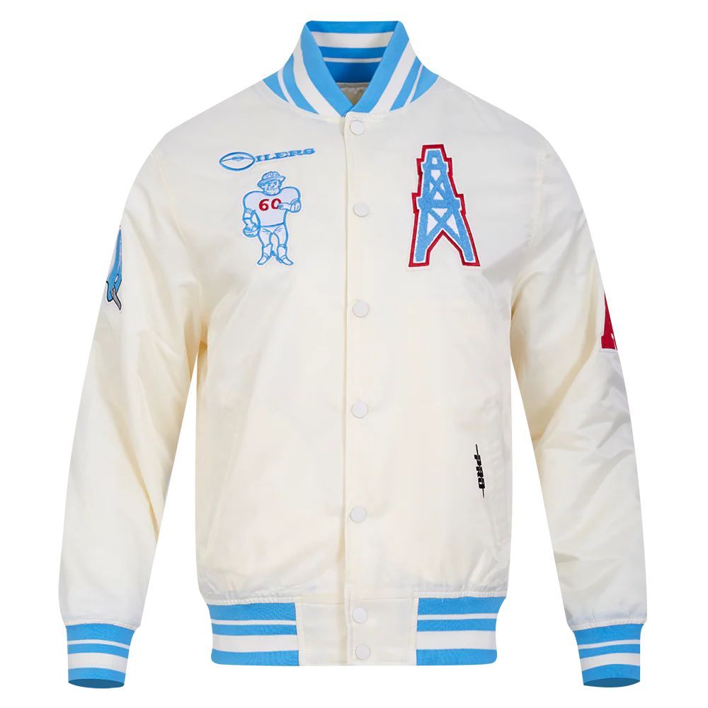 NFL HOUSTON OILERS RETRO CLASSIC MEN'S RIB SATIN JACKET (EGGSHELL/ UNIVERSITY BLUE)