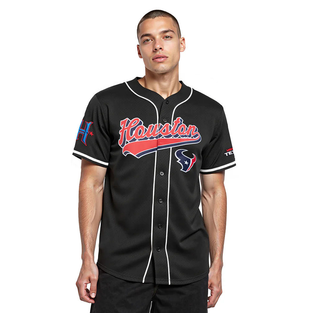 NFL HOUSTON TEXANS SCRIPT TAIL MEN'S MESH BUTTON DOWN SHIRT (BLACK)