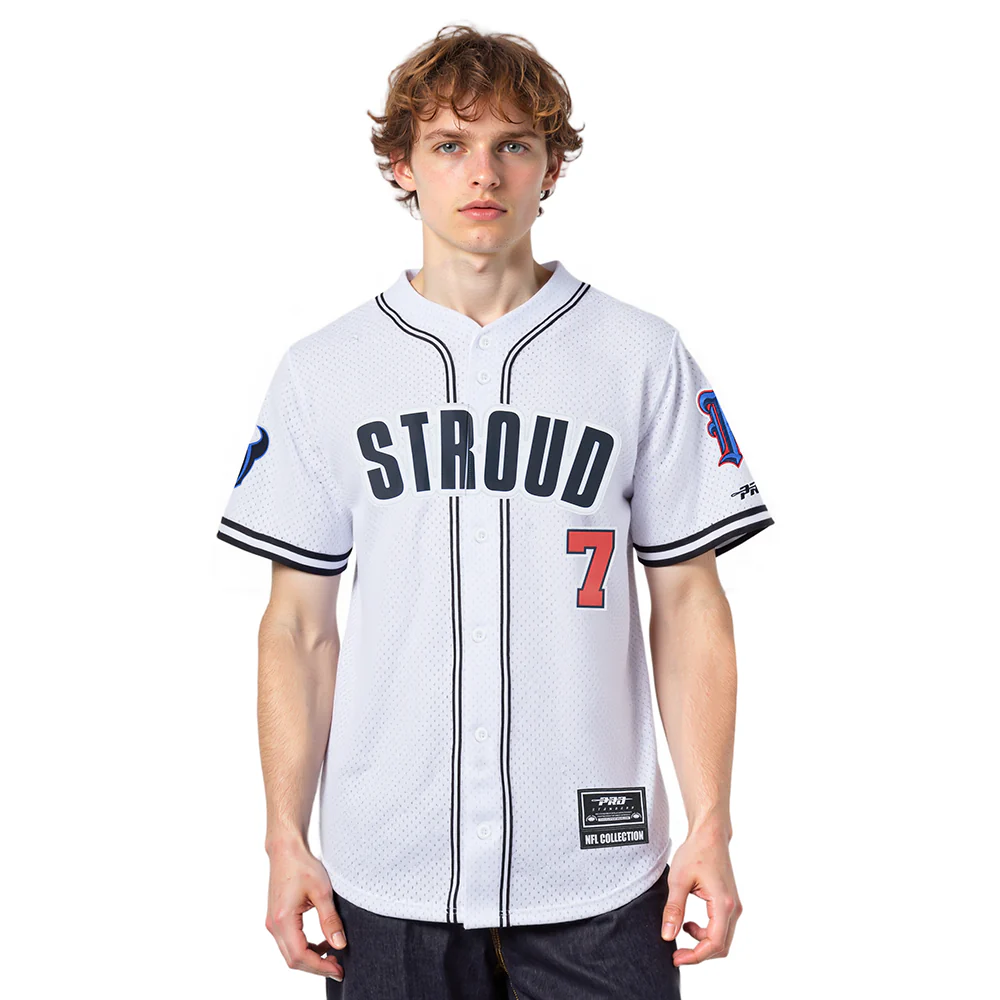 NFL HOUSTON TEXANS CJ STROUD #7 CLASSIC MESH PNN MEN'S MESH BUTTON DOWN SHIRT (WHITE/BLACK/WHITE)