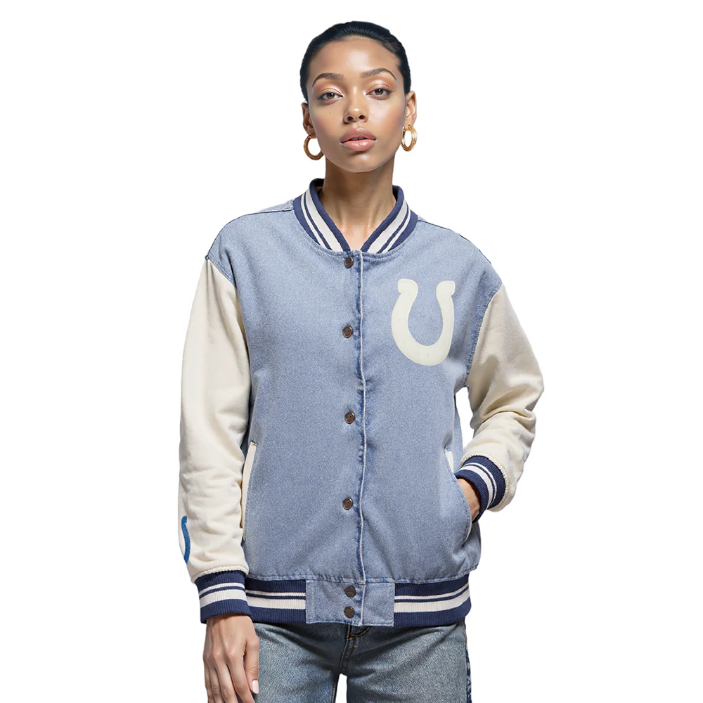NFL INDIANAPOLIS COLTS VARSITY BLUES WOMEN'S DENIM VARSITY JACKET (DENIM/LINEN)