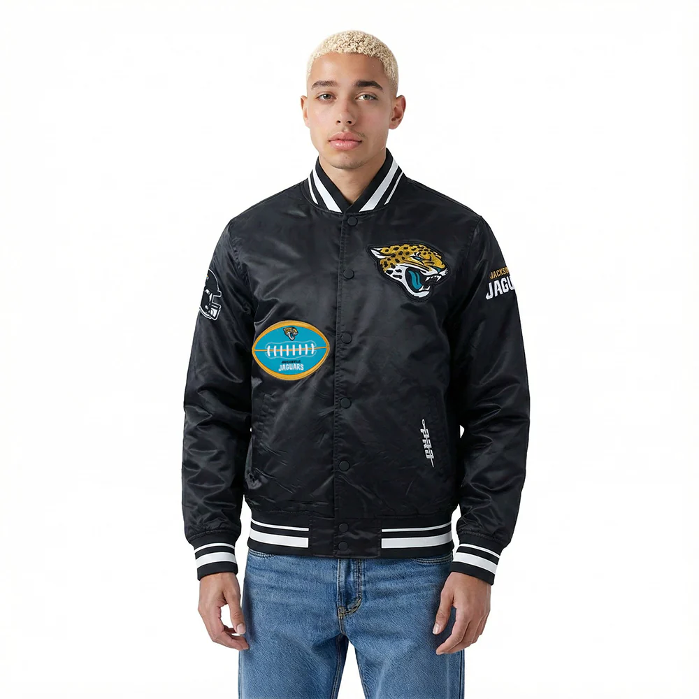 NFL JACKSONVILLE JAGUARS OLD ENGLISH MEN'S RIB SATIN JACKET (BLACK)