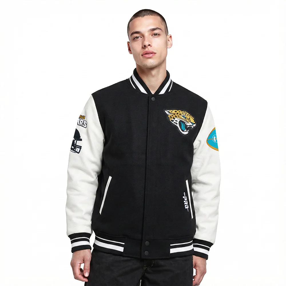 NFL JACKSONVILLE JAGUARS OLD ENGLISH MEN'S RIB WOOL VARSITY JACKET (BLACK/WHITE)