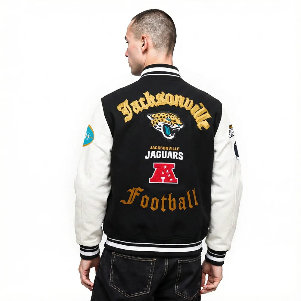 NFL JACKSONVILLE JAGUARS OLD ENGLISH MEN'S RIB WOOL VARSITY JACKET (BLACK/WHITE) - Image 2