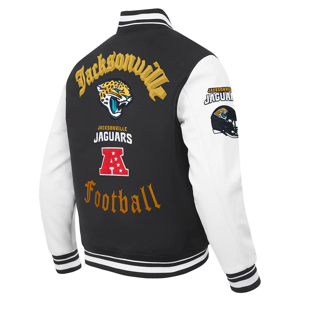 NFL JACKSONVILLE JAGUARS OLD ENGLISH MEN'S RIB WOOL VARSITY JACKET (BLACK/WHITE) - Image 4