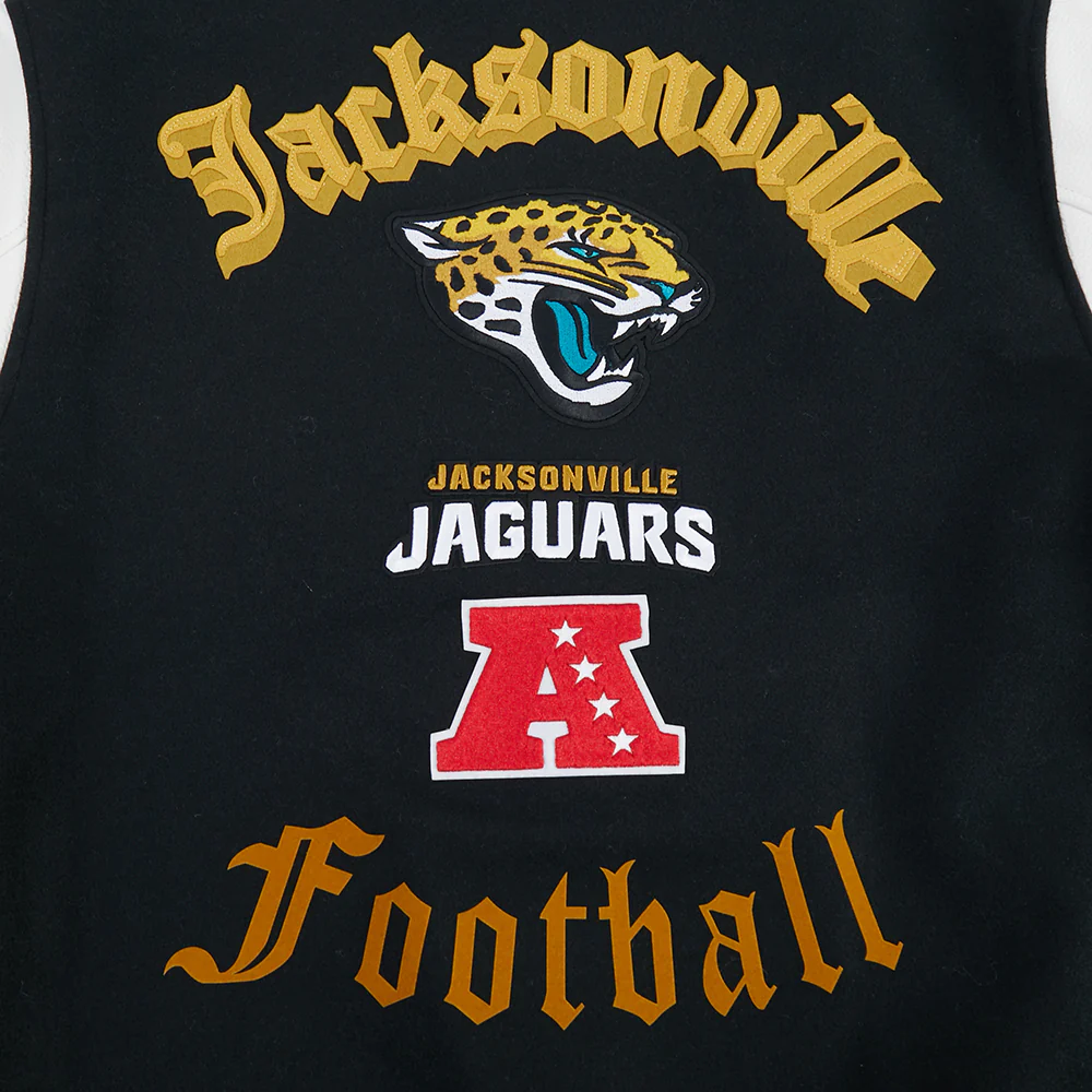 NFL JACKSONVILLE JAGUARS OLD ENGLISH MEN'S RIB WOOL VARSITY JACKET (BLACK/WHITE) - Image 8