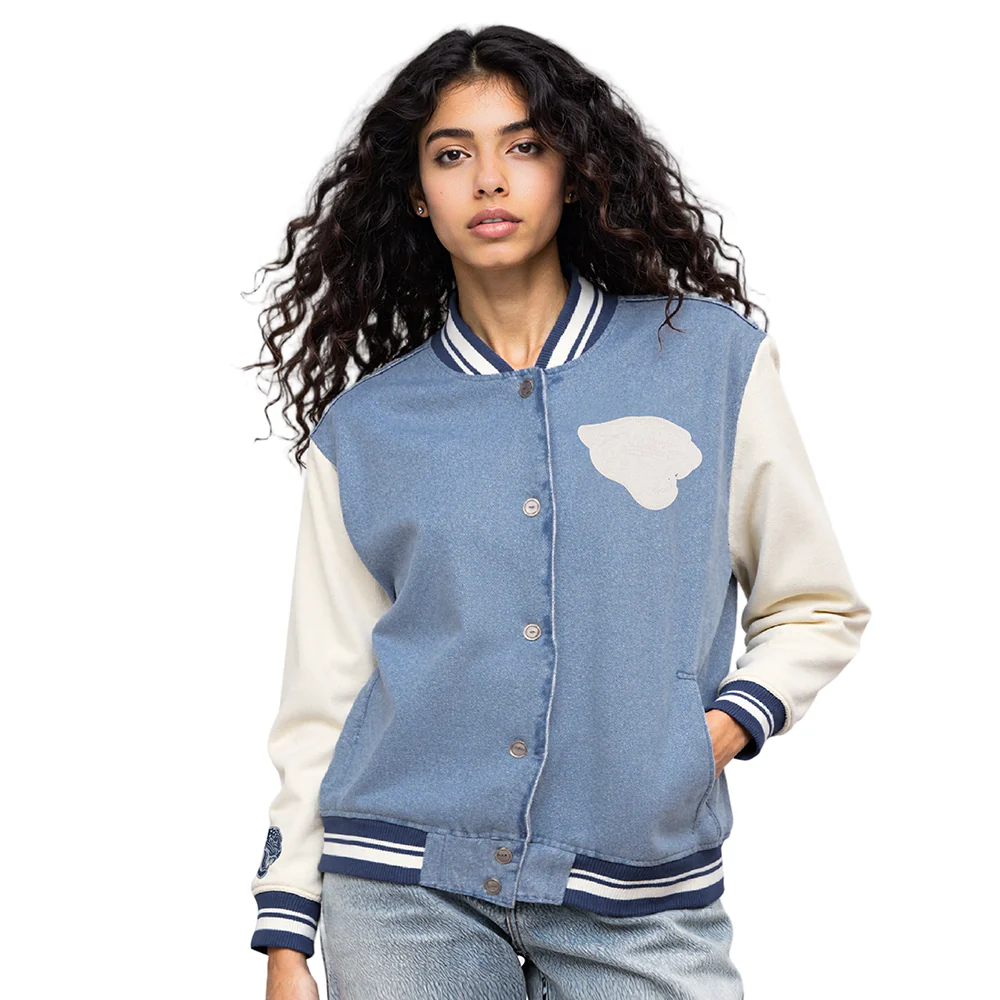 NFL JACKSONVILLE JAGUARS VARSITY BLUES WOMEN'S DENIM VARSITY JACKET (DENIM/LINEN)