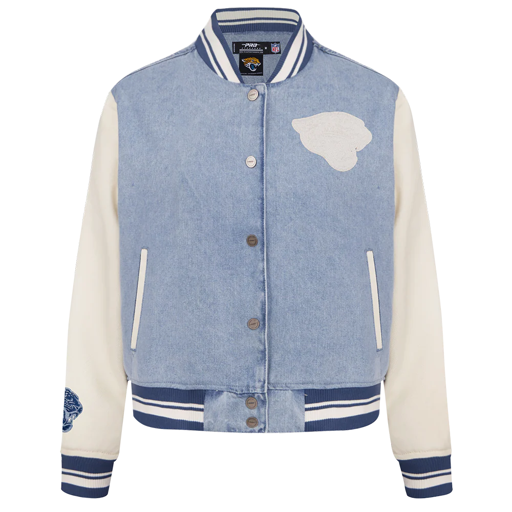 NFL JACKSONVILLE JAGUARS VARSITY BLUES WOMEN'S DENIM VARSITY JACKET (DENIM/LINEN) - Image 3