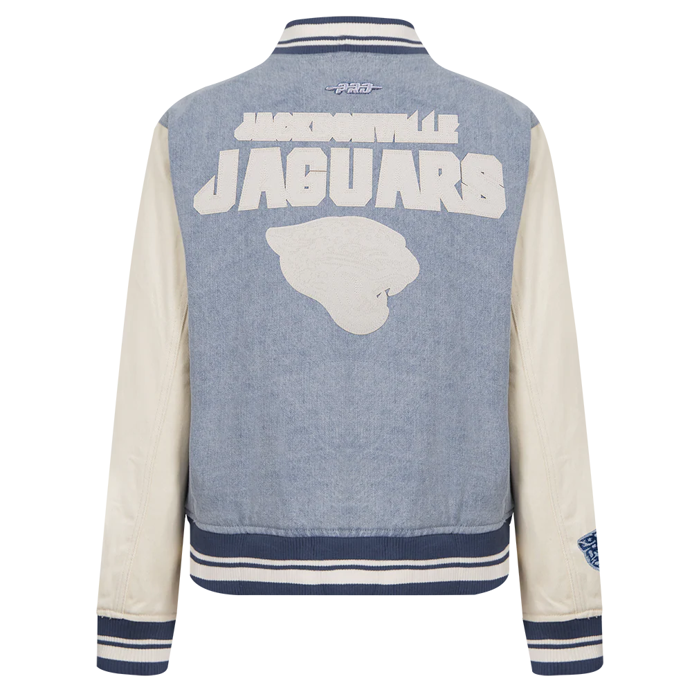 NFL JACKSONVILLE JAGUARS VARSITY BLUES WOMEN'S DENIM VARSITY JACKET (DENIM/LINEN) - Image 5