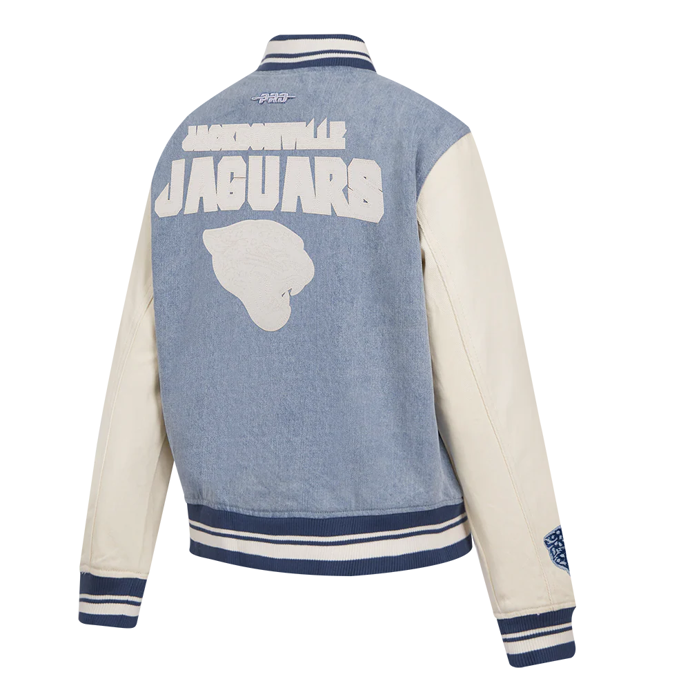 NFL JACKSONVILLE JAGUARS VARSITY BLUES WOMEN'S DENIM VARSITY JACKET (DENIM/LINEN) - Image 6