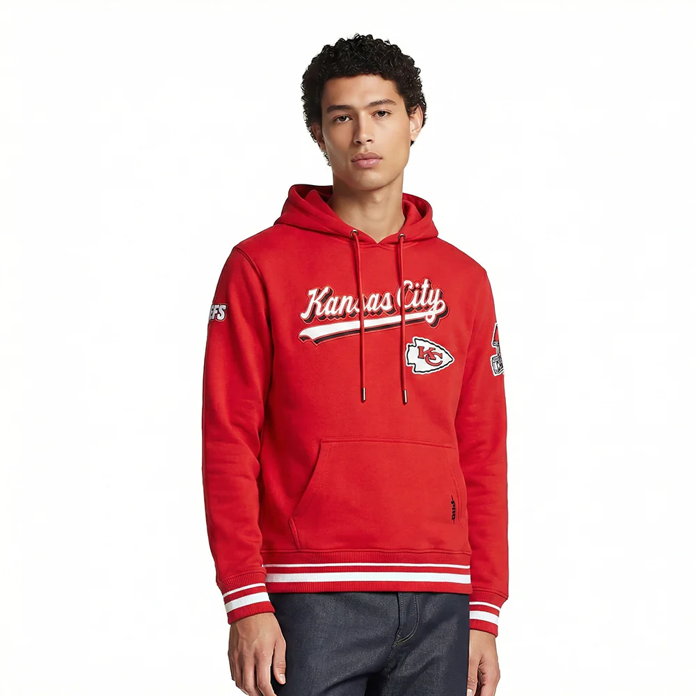 NFL KANSAS CITY CHIEFS SCRIPT TAIL MEN'S RIB FLEECE PULLOVER HOODIE (RED)