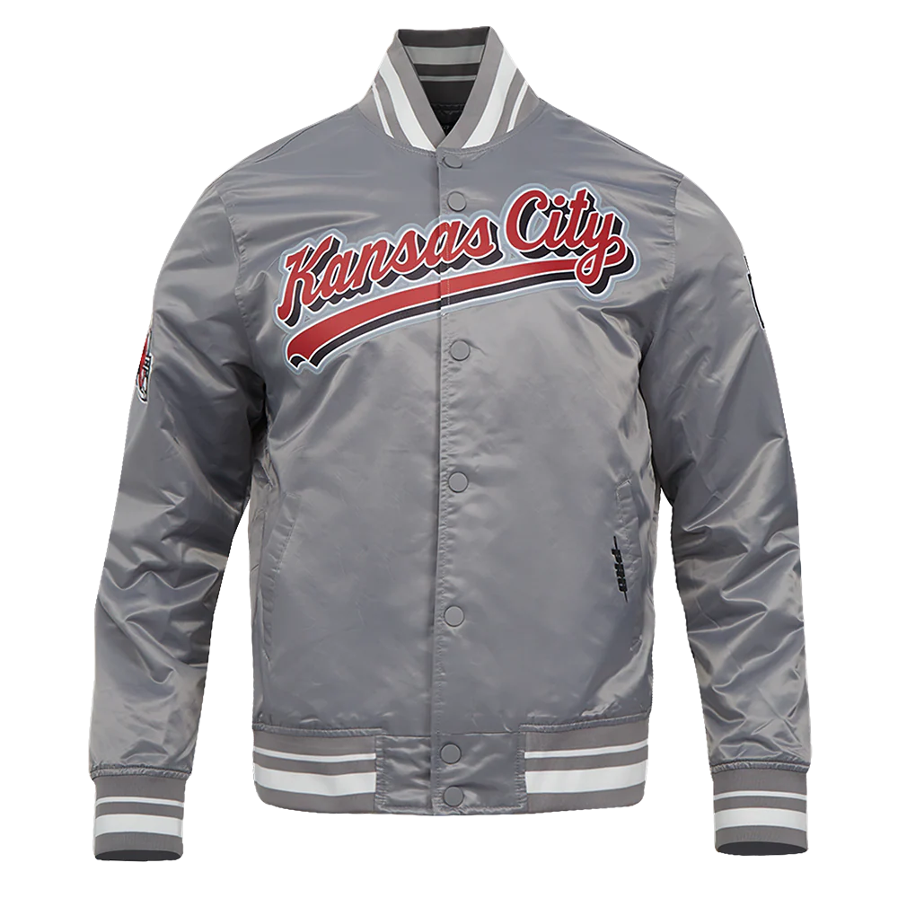 NFL KANSAS CITY CHIEFS SCRIPT TAIL MEN'S SATIN JACKET (GRAY)
