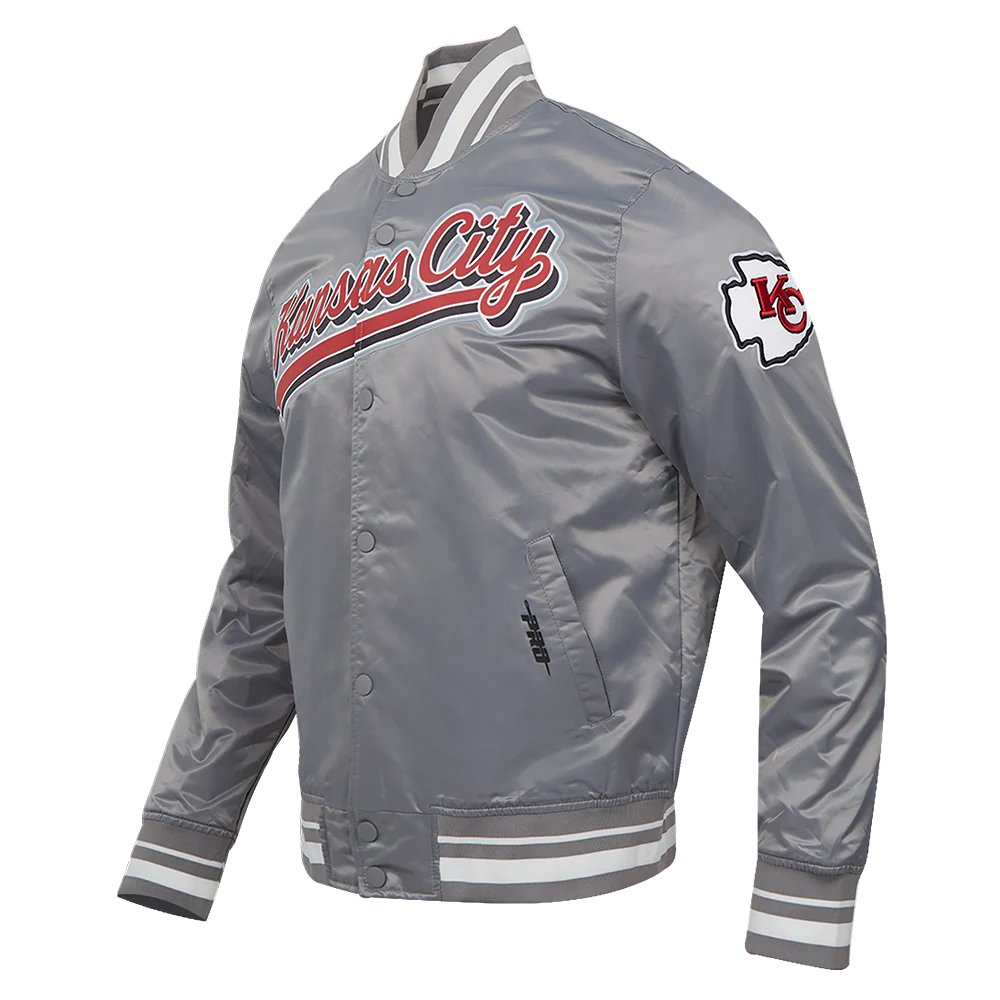 NFL KANSAS CITY CHIEFS SCRIPT TAIL MEN'S SATIN JACKET (GRAY) - Image 2