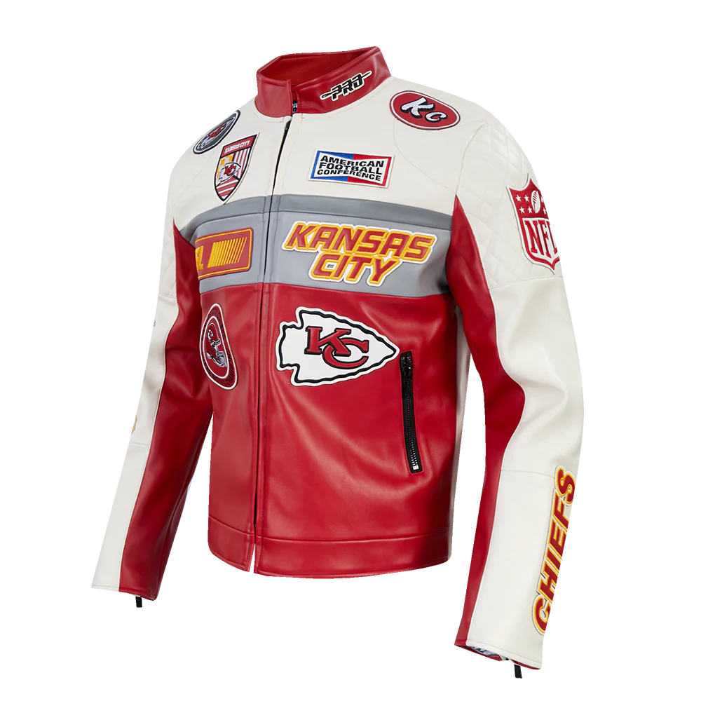 NFL KANSAS CITY CHIEFS MEN'S MOTO JACKET (EGGSHELL/ RED) - Image 3