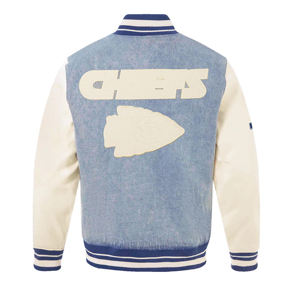 NFL KANSAS CITY CHIEFS VARSITY BLUES MEN'S DENIM VARSITY JACKET (DENIM/LINEN) - Image 3