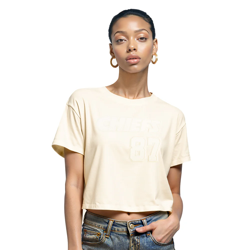 NFL KANSAS CITY CHIEFS TRAVIS KELCE #87 NEUTRAL WOMEN'S SJ BOXY TEE (EGGSHELL)