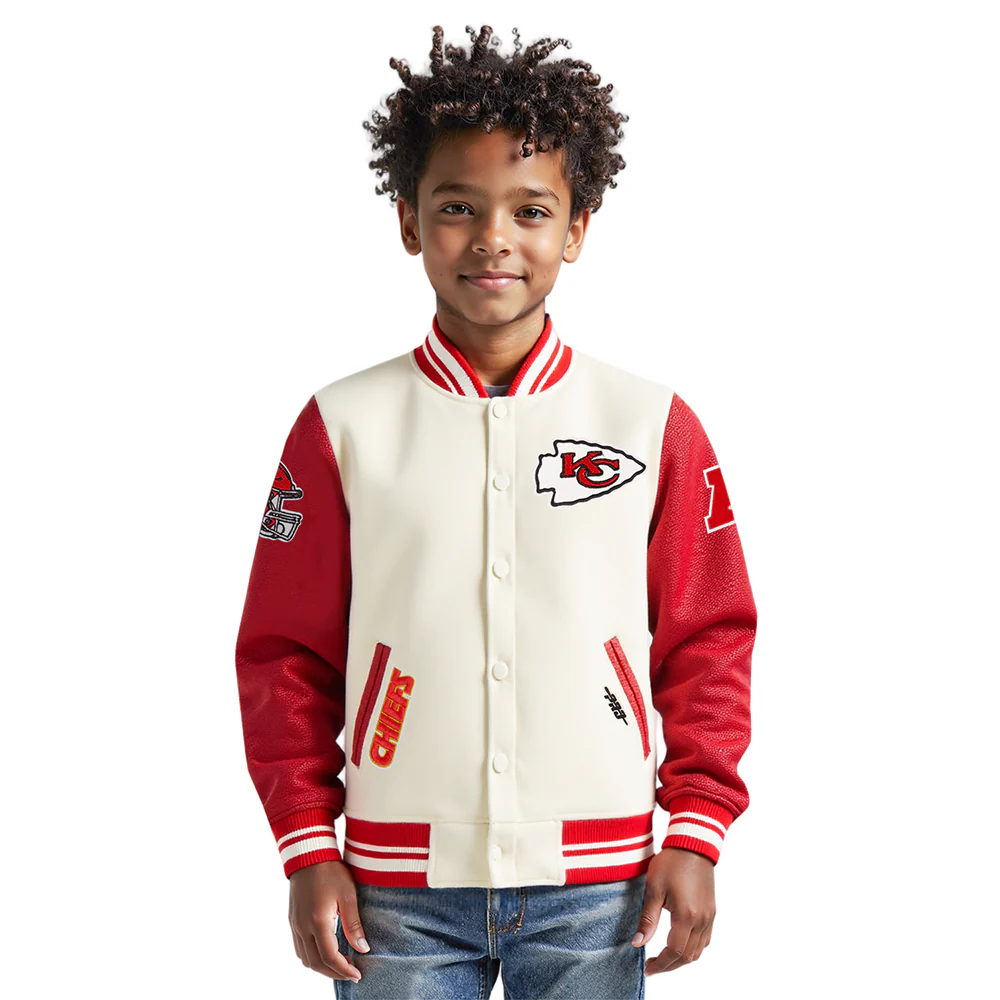 NFL KANSAS CITY CHIEFS RETRO CLASSIC BIG BOYS RIB WOOL VARSITY JACKET (EGGSHELL/ RED)