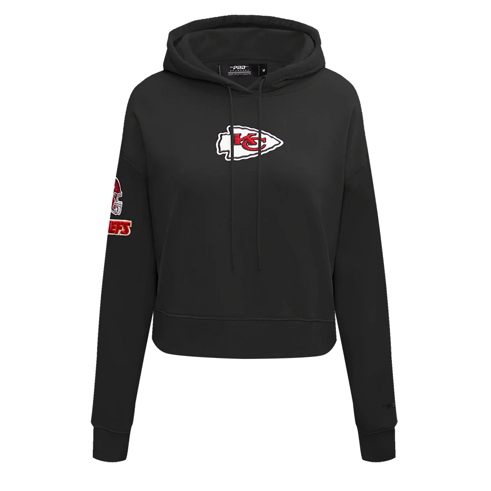 NFL KANSAS CITY CHIEFS CLASSIC WOMEN'S FLEECE CROPPED PULLOVER HOODIE (BLACK)