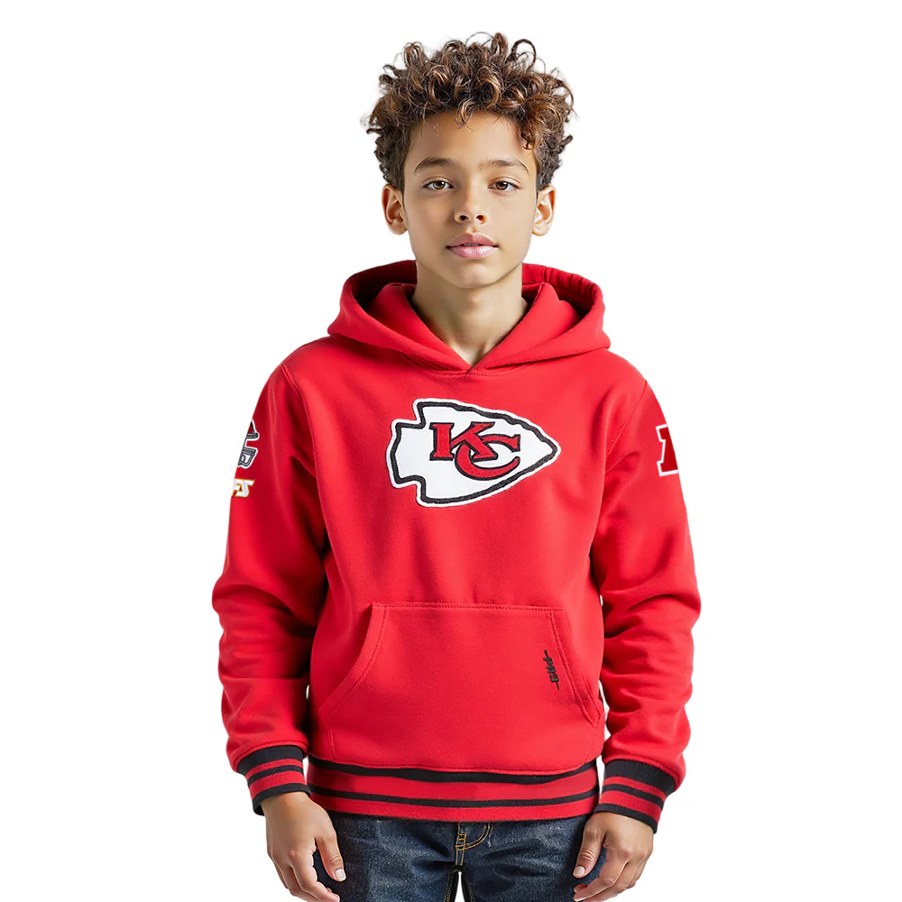 NFL KANSAS CITY CHIEFS RETRO CLASSIC LITTLE BOYS RIB FLEECE PULLOVER HOODIE (RED/BLACK) - Image 9