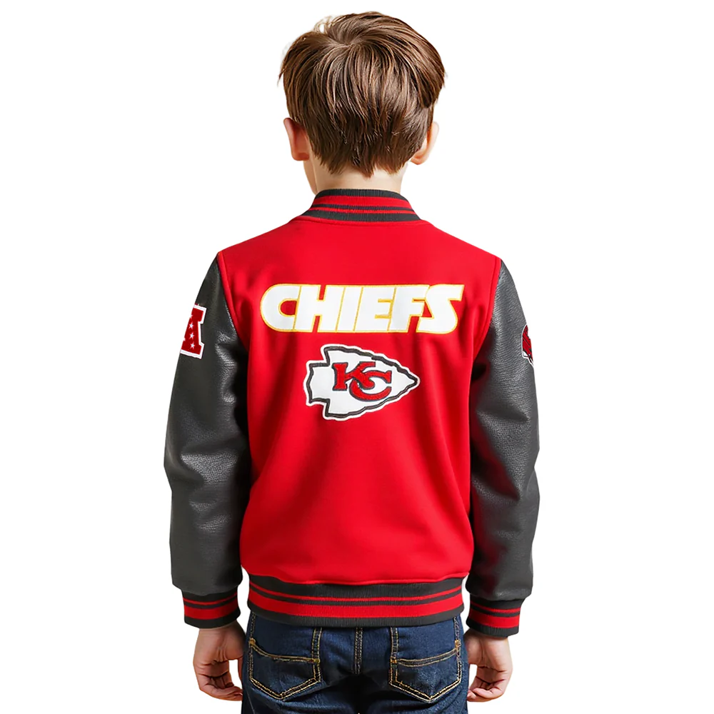 NFL KANSAS CITY CHIEFS RETRO CLASSIC LITTLE BOYS RIB WOOL VARSITY JACKET (RED/BLACK) - Image 2