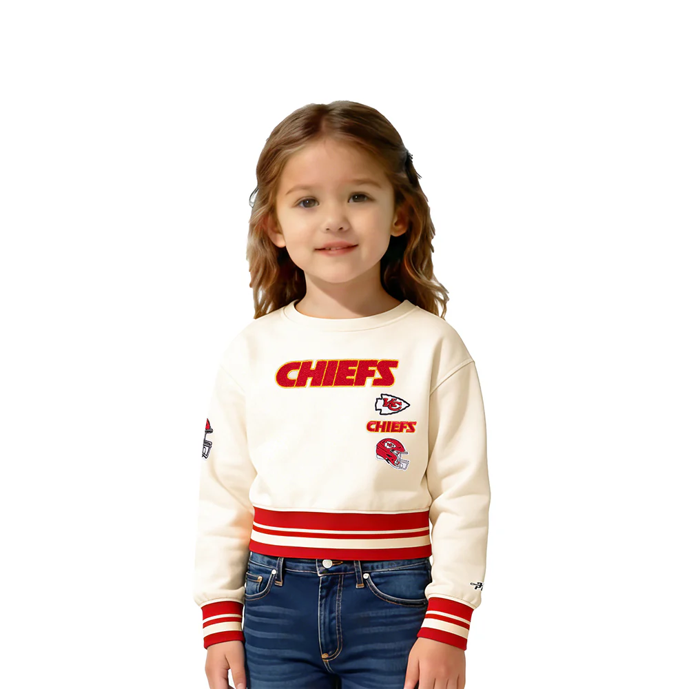 NFL KANSAS CITY CHIEFS RETRO CLASSIC LITTLE GIRLS RIB FLEECE CREWNECK (EGGSHELL/ RED)