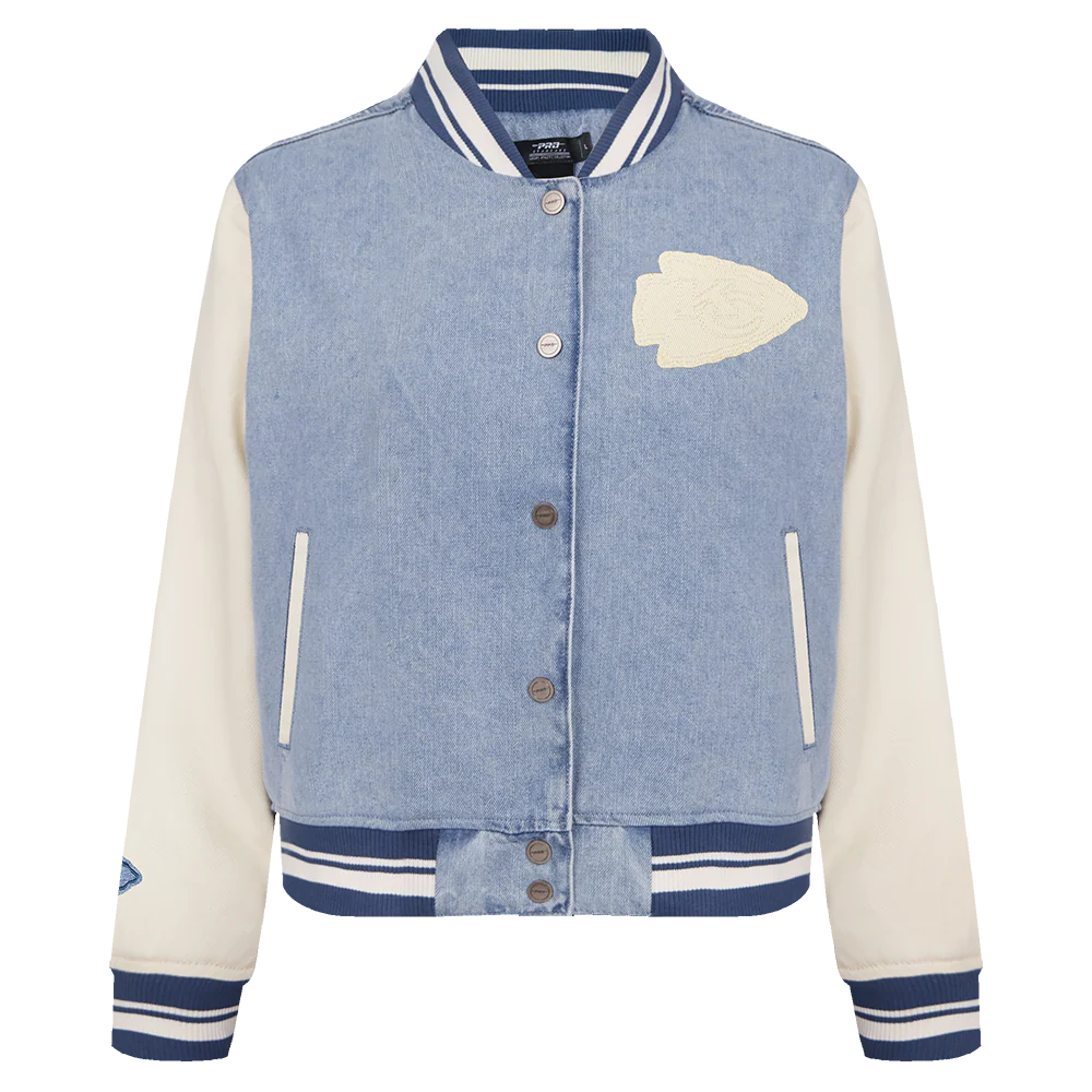 NFL KANSAS CITY CHIEFS VARSITY BLUES WOMEN'S DENIM VARSITY JACKET (DENIM/LINEN)