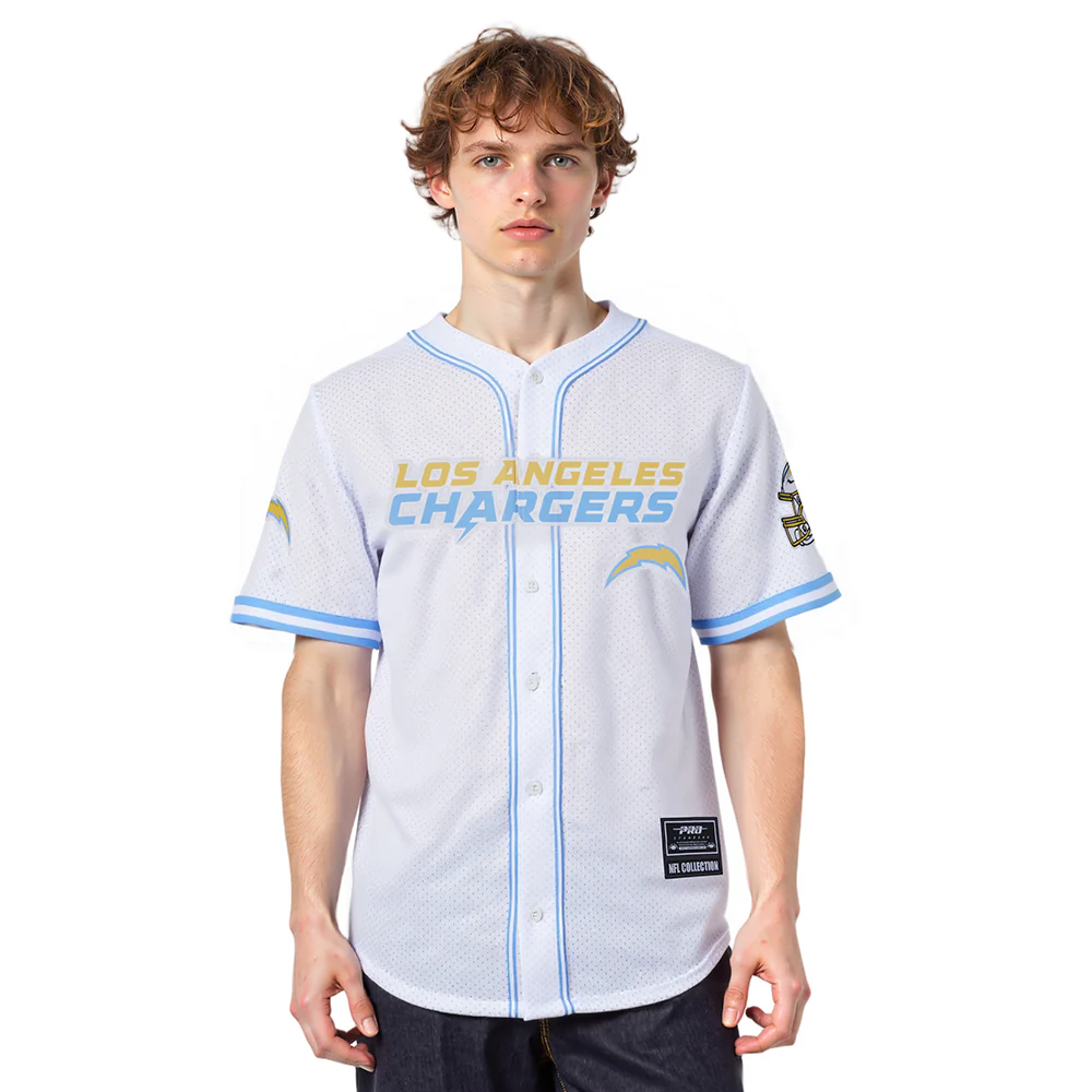 NFL LOS ANGELES CHARGERS MESH BUTTON UP SHIRT (WHITE/UNIVERSITY BLUE)