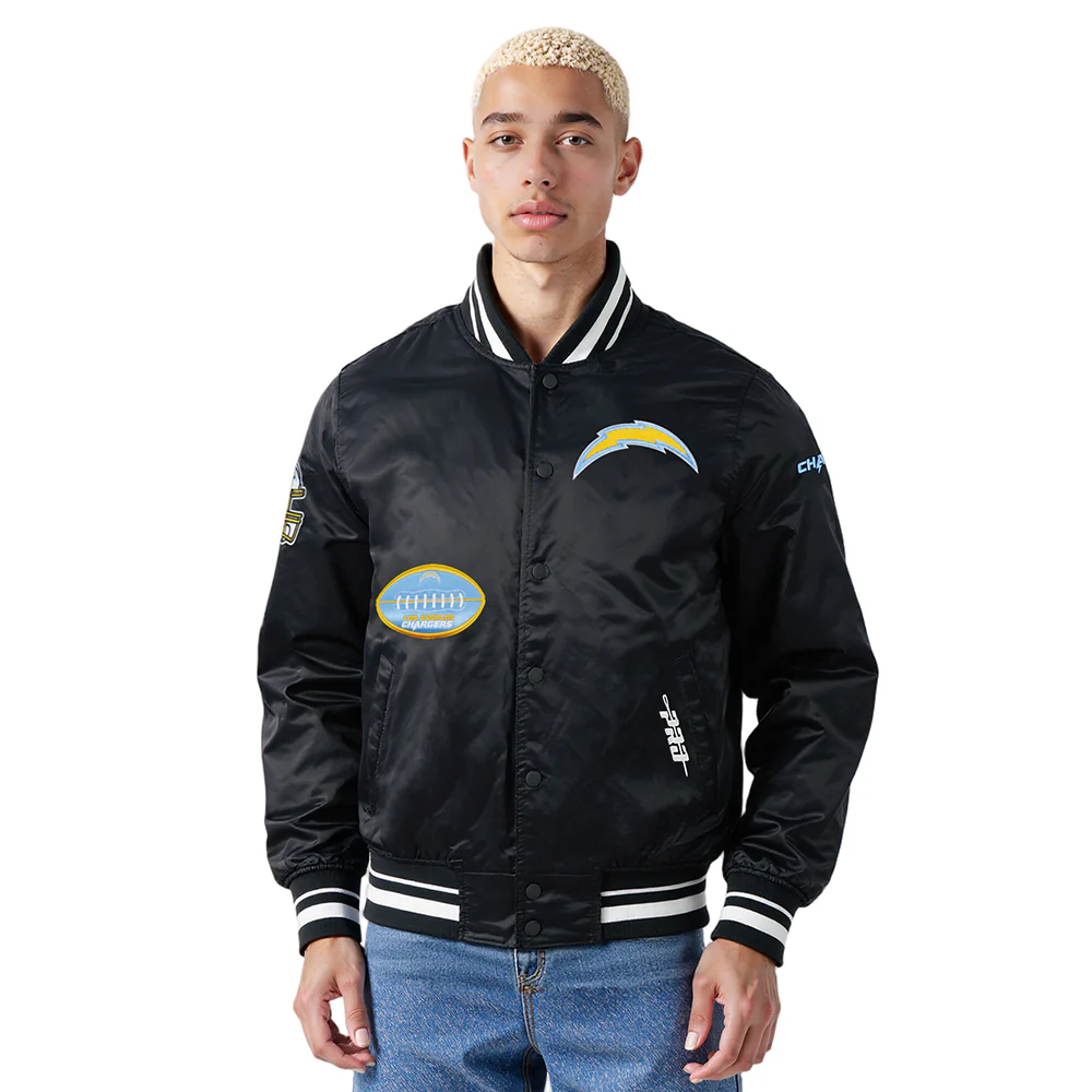 NFL LOS ANGELES CHARGERS OLD ENGLISH MEN'S RIB SATIN JACKET (BLACK)