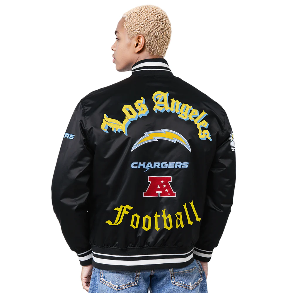 NFL LOS ANGELES CHARGERS OLD ENGLISH MEN'S RIB SATIN JACKET (BLACK) - Image 2
