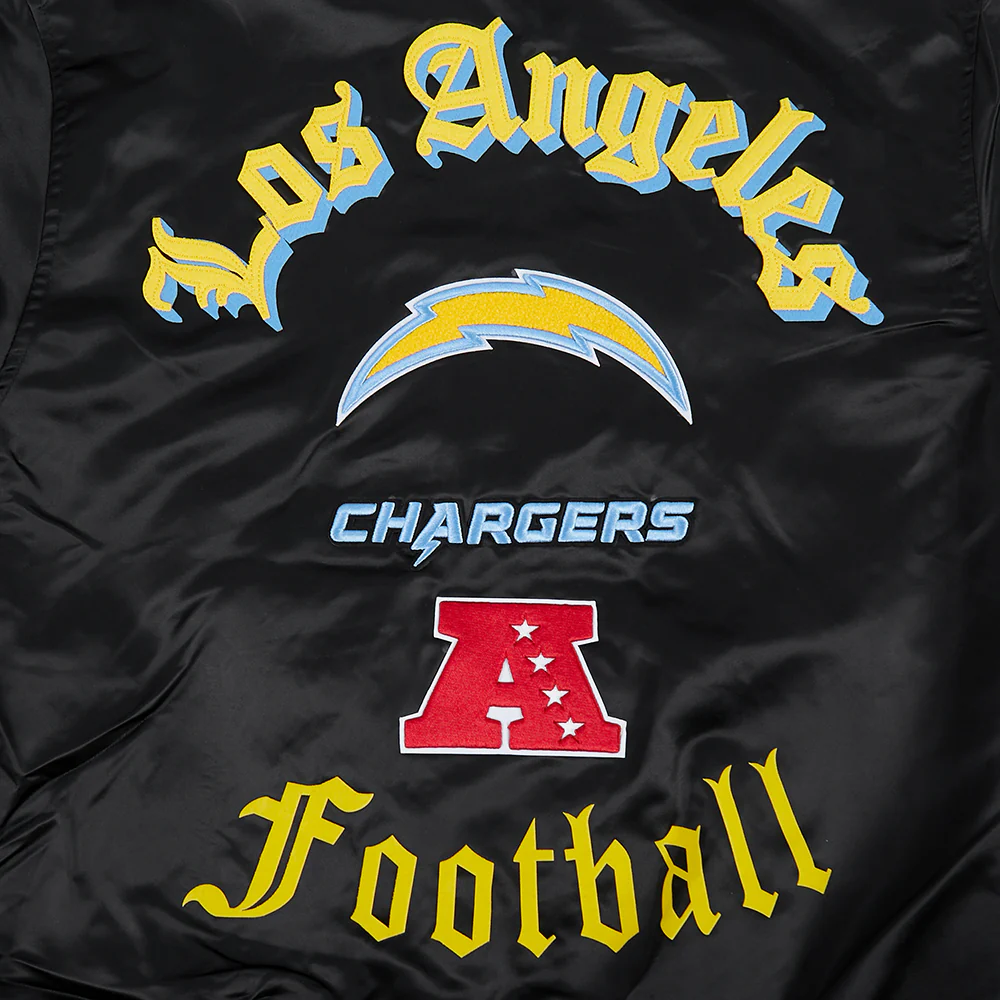 NFL LOS ANGELES CHARGERS OLD ENGLISH MEN'S RIB SATIN JACKET (BLACK) - Image 5