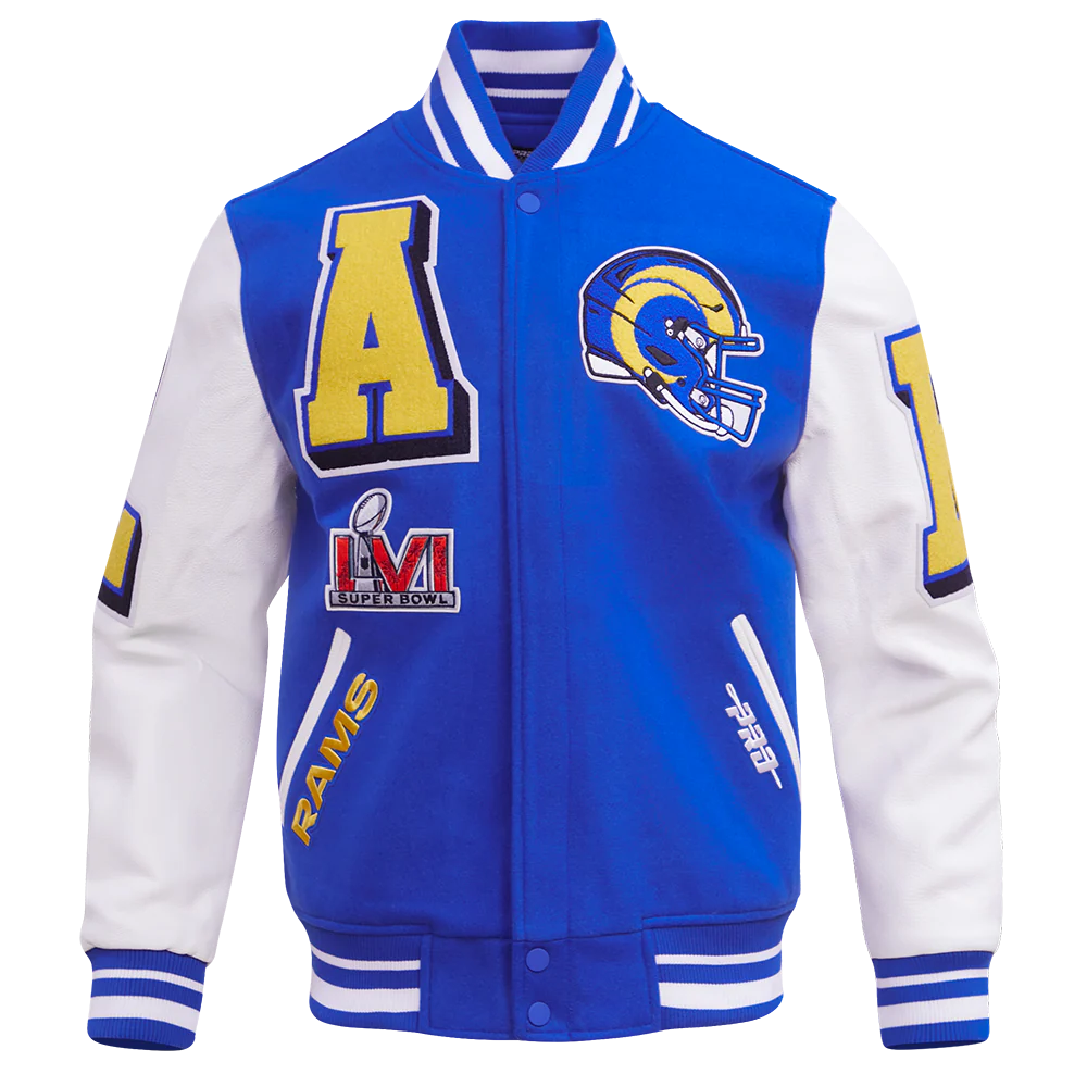 NFL LOS ANGELES RAMS MASHUP MEN'S RIB WOOL VARSITY JACKET (ROYAL BLUE/WHITE) - Image 5
