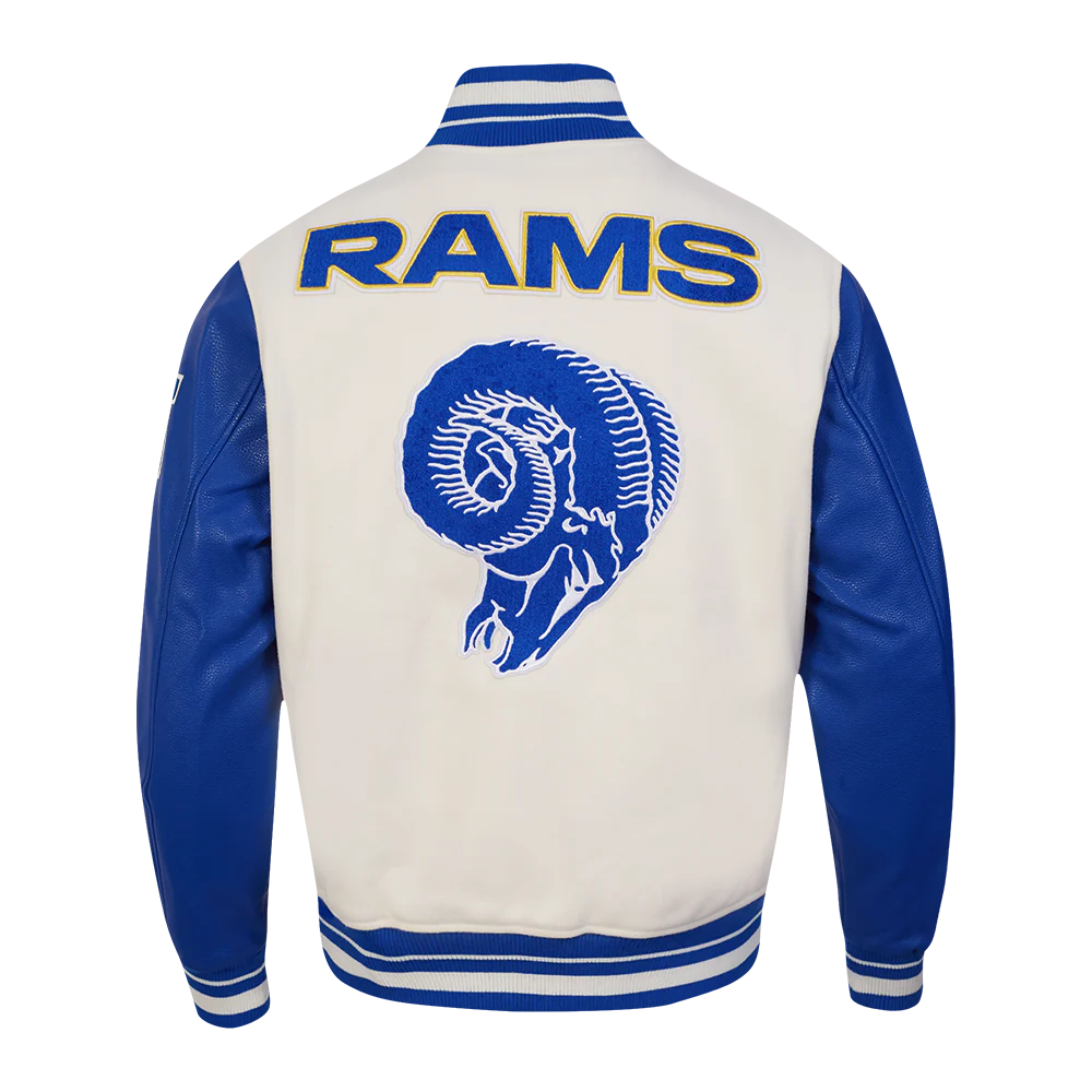 NFL LOS ANGELES RAMS RETRO CLASSIC MEN'S RIB WOOL VARSITY JACKET (EGGSHELL/ROYAL BLUE) - Image 3