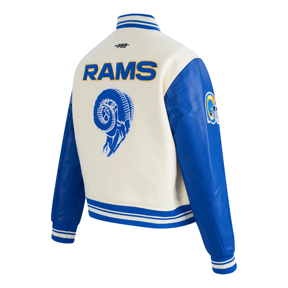 NFL LOS ANGELES RAMS RETRO CLASSIC WOMEN'S RIB WOOL VARSITY JACKET (EGGSHELL/ ROYAL BLUE) - Image 4