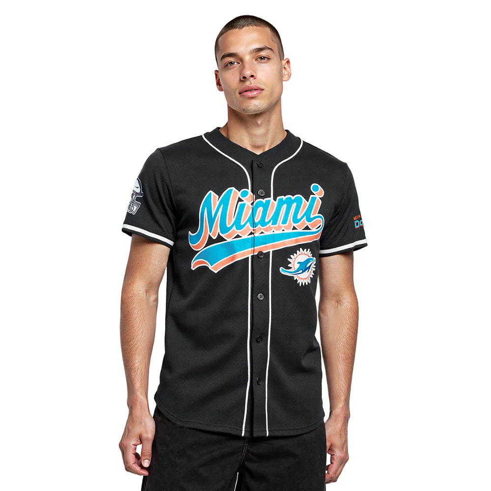 NFL MIAMI DOLPHINS SCRIPT TAIL MEN'S MESH BUTTON DOWN SHIRT (BLACK)