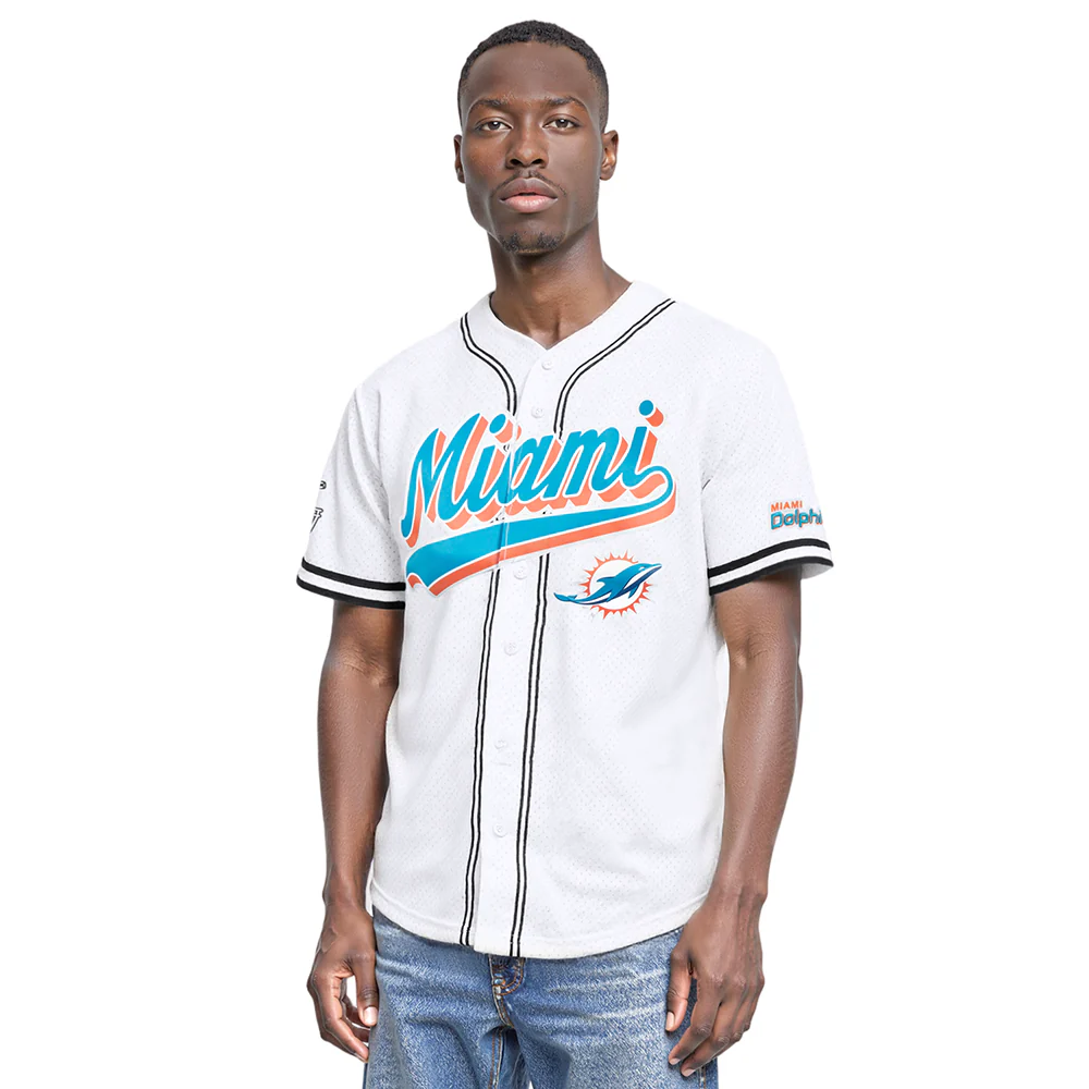 NFL MIAMI DOLPHINS SCRIPT TAIL MEN'S MESH BUTTON DOWN SHIRT (WHITE / BLACK / WHTE)